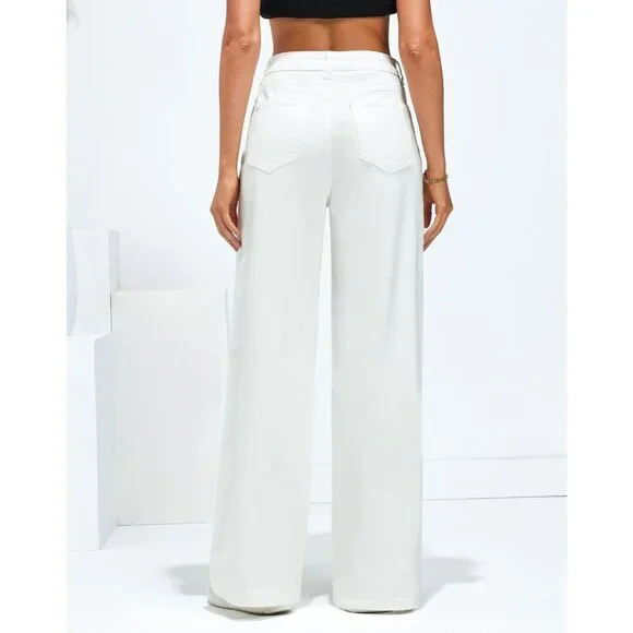 Women’s Wide Leg High Waisted Stretch Denim Jeans Pockets Casual Pants - Picture 3 of 6